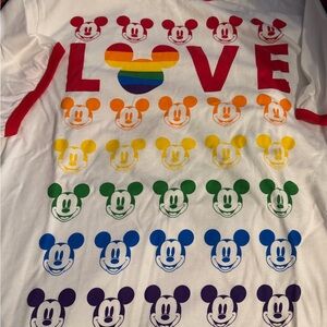 Disney White Tee with Rainbow Mickey LOVE Graphic and Red Accents